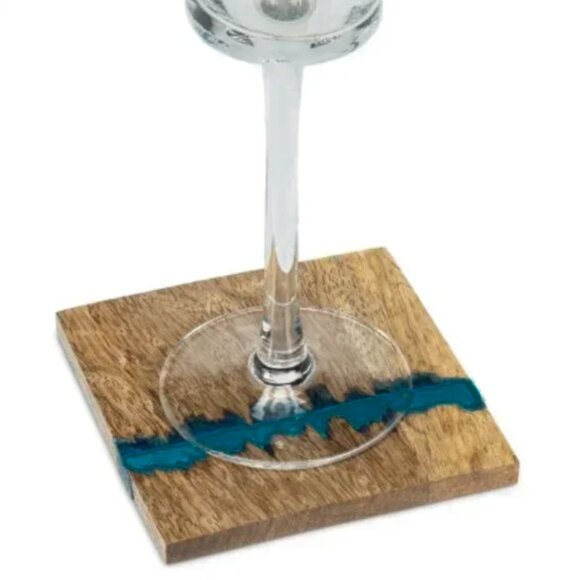 (x4) River-Look Wood & Blue Resin Drink Coaster Set - Picture 1 of 10